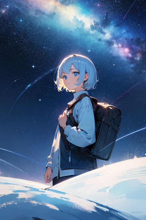 1girl,short hair,blue eyes, traveler,Starry Sky