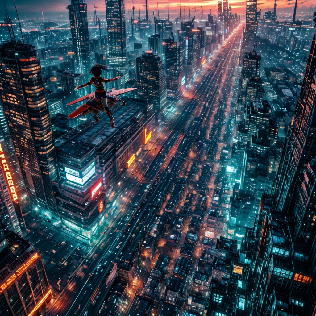 xuer flies over, (sexy race qeen), (dramatic, gritty, intense:1.4), city, raiding,
motor cycle, curved colorful horizon