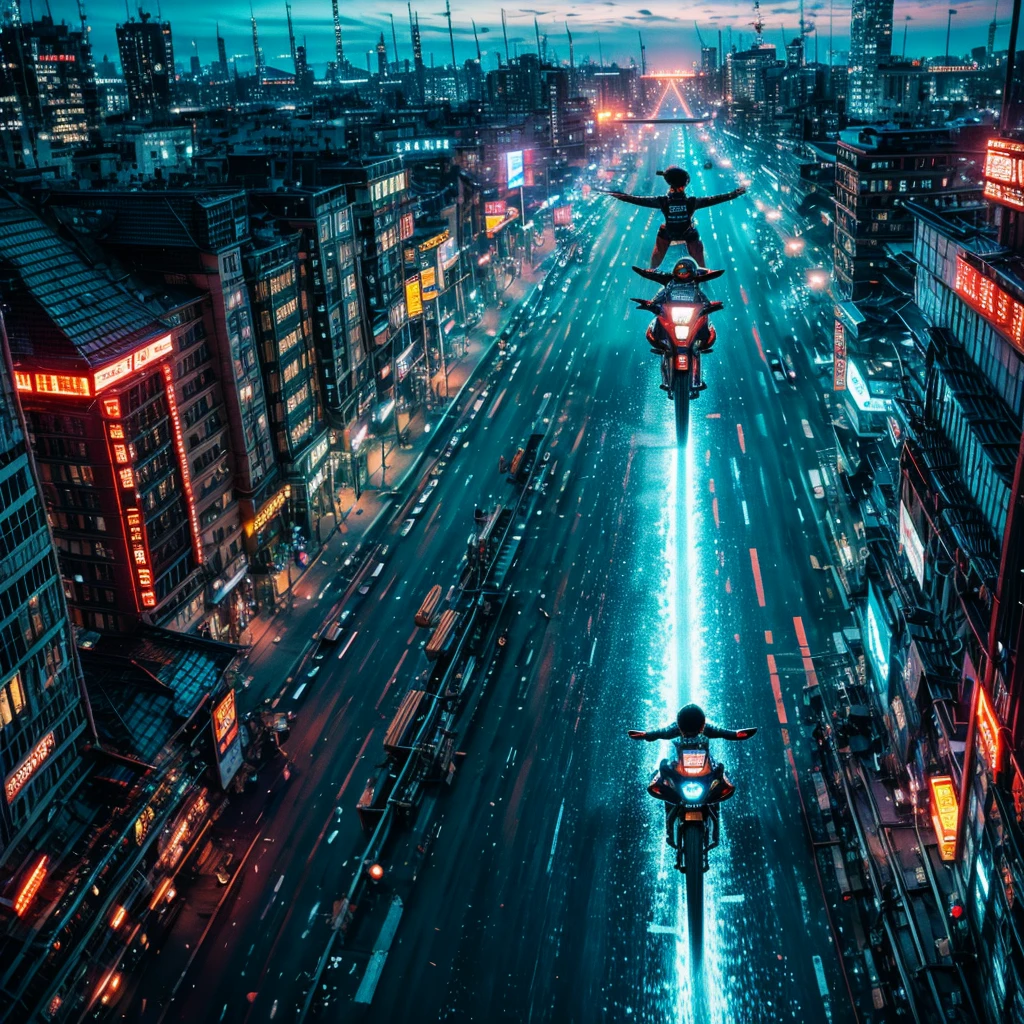 xuer flies over, (sexy race qeen), (dramatic, gritty, intense:1.4), city, raiding,
motor cycle, curved colorful horizon
