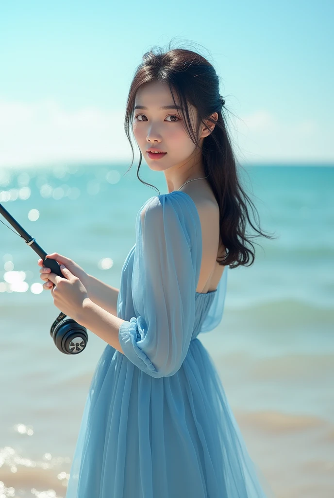 Highly realistic 8k photos, holding a fishing rod at the beach, Asian woman wearing blue dress, cute lady, Look straight into the camera with fascination,