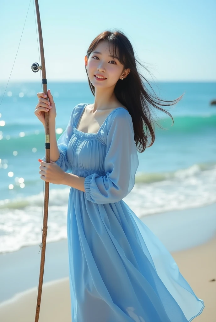 Highly realistic 8k photos, holding a fishing rod at the beach, Asian woman wearing blue dress, cute lady, Look straight into the camera with fascination,