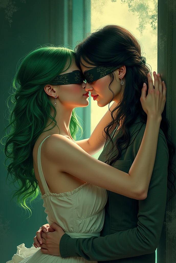 Drawing of a green haired woman blindfolding a black haired woman 