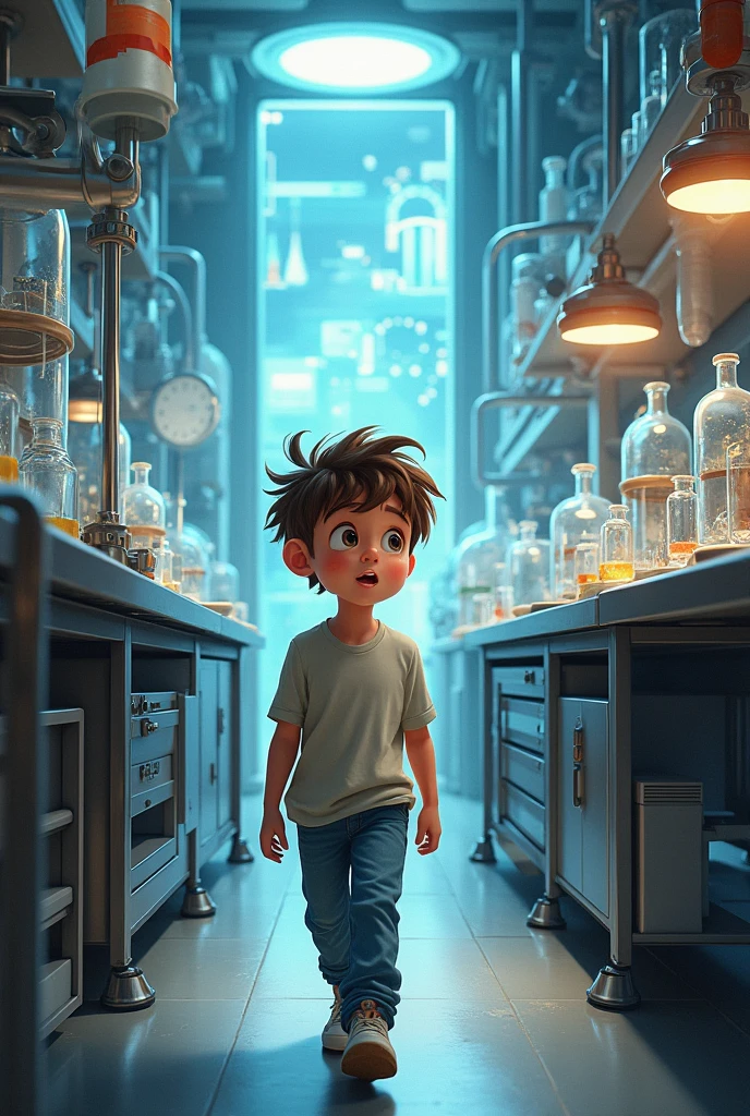create an image where a boy enters a laboratory