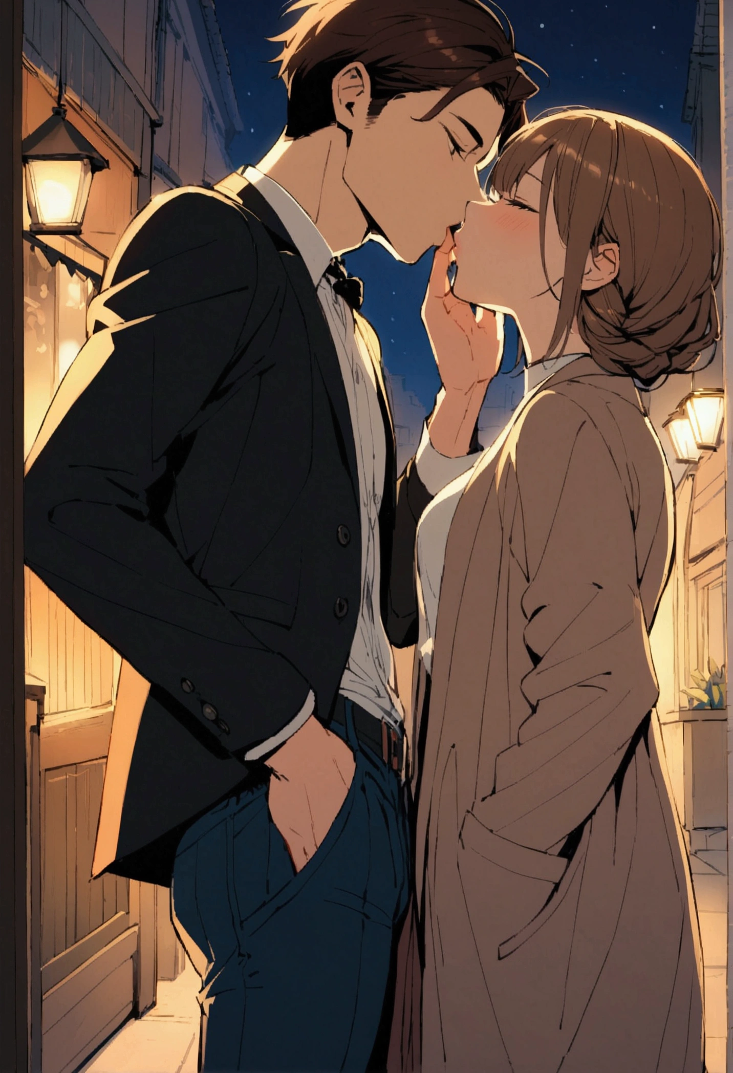 a couple kissing , male and female, brown hair, night time , hands in pocket