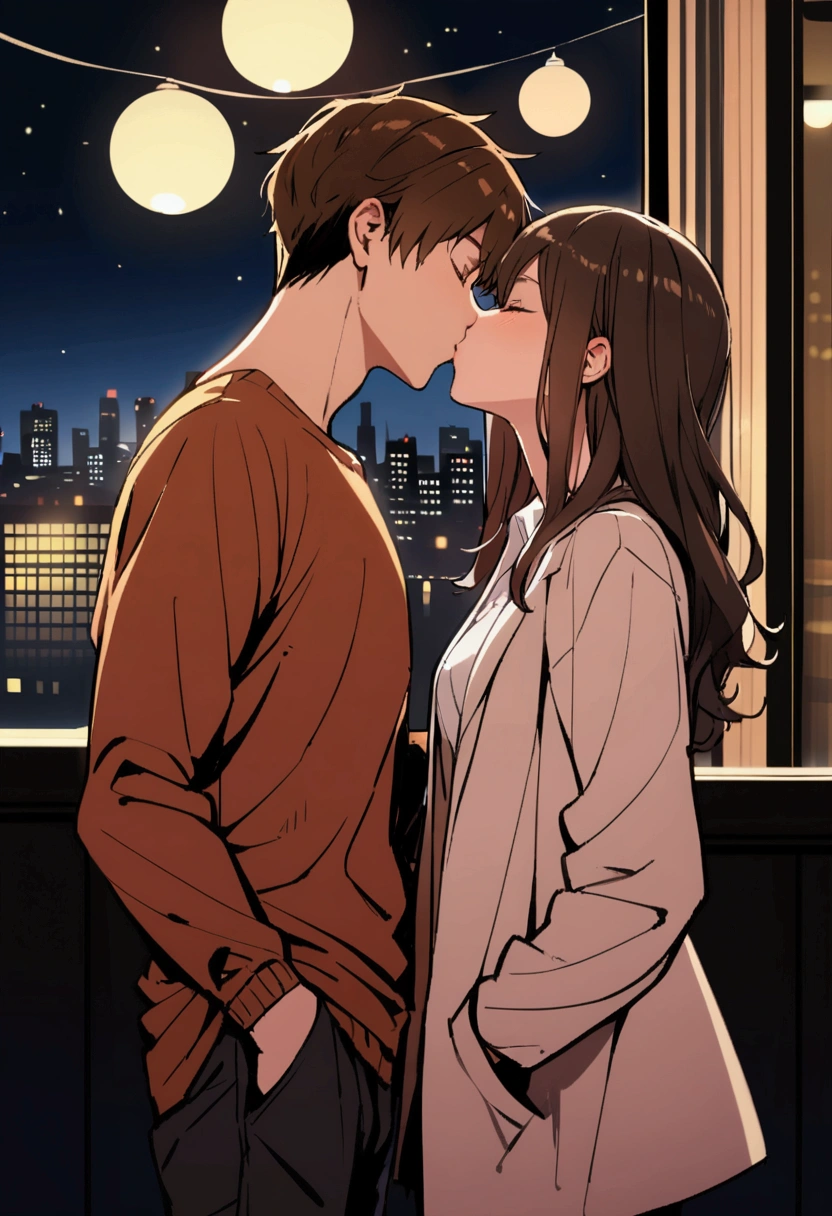 a couple kissing , male and female, brown hair, night time , hands in pocket