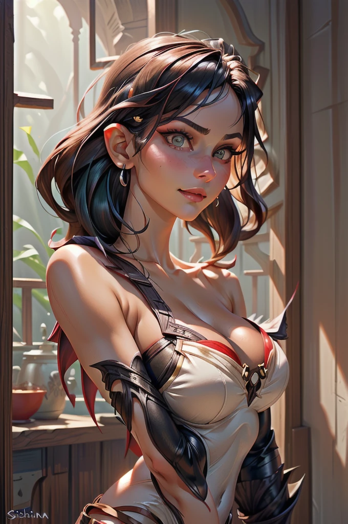 (best quality,4k,8k,highres,masterpiece:1.2),ultra-detailed,(realistic,photorealistic,photo-realistic:1.37),HDR,UHD, ((sabrina)), gnome, short stature, serious face, character, studio lighting,ultra-fine painting,sharp focus,physically-based rendering,extreme detail description,professional,(lavender hair), (gigantic breasts), short hair, rogue ((fantasy black leather armor)), long claws 1.8, long nails 1.7, frlgsabrina, (blunt bangs), vivid colors,bokeh,portraits,soft colors,warm lighting,glowing skin,delicate features,devil Horns,expressive eyes,sensual lips,flawless complexion, fantasy, theif, rogue, fighter, subtle makeup,feminine posture,ethereal atmosphere,dreamy summer vibes,golden hour lighting,gentle breeze,warm sunlight,playful smile,graceful movement,seamless integration between subject and background,subtle texture,filmic aesthetic,elaborate hairstyles,graceful gestures,curve-hugging outfit,vibrant color palette,soft focus,romantic ambiance,inside chambers,stone architecture,beautifully adorned columns,timeless setting.