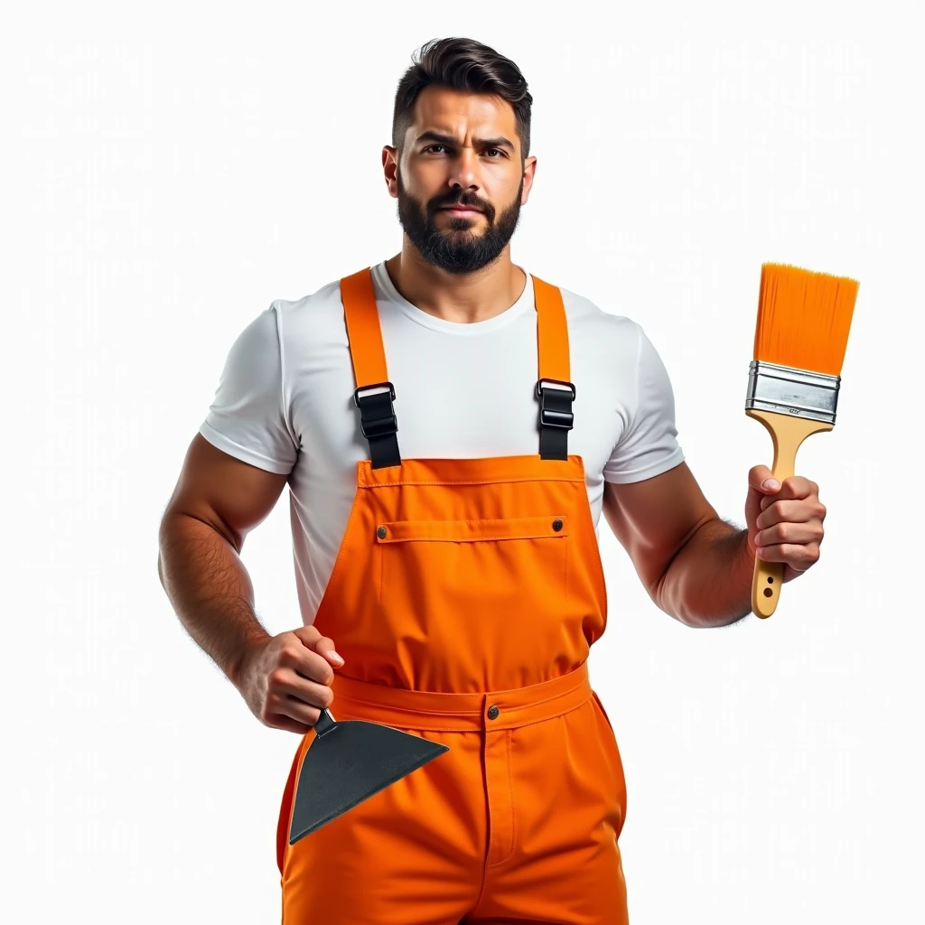 Strong Man in White T-shirt and Orange Construction Overalls, holds a triangular construction spatula in one hand, in another one, an orange paint brush, Studio Photography, studio lighting, realistic skin texture and detail, the man stands slightly sideways, background white uniform, The photo was taken from the waist up