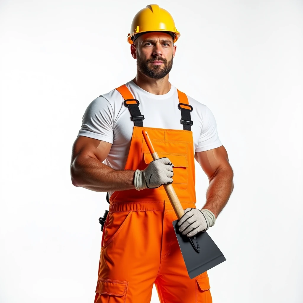 Strong Man in White T-shirt and Orange Construction Overalls, holds a triangular construction spatula in one hand, in another one, an orange paint brush, Studio Photography, studio lighting, realistic skin texture and detail, the man stands slightly sideways, background white uniform, The photo was taken from the waist up