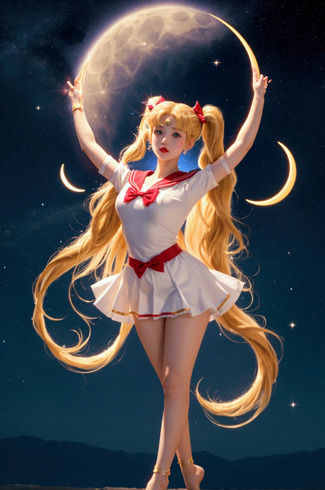 sailor moon, in her sailor suit with a golden tiara and a red bow, She shows off her long blonde hair in pigtails adorned with crescent moons, in a dynamic pose of magical transformation, surrounded by sparkles and a starry sky.