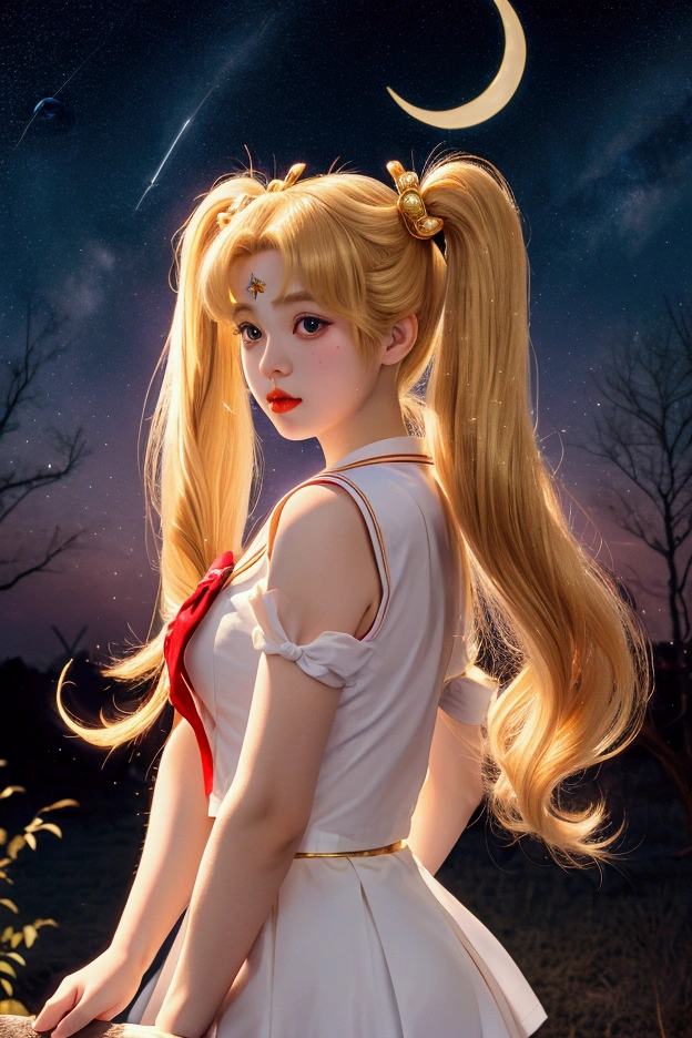 masterpiece、high quality、High resolution、Realistic、professional lighting、Japanese、woman、young、White skin、slender、Sailor Moon, Usagi Tsukino, Sailor Warrior Uniforms, Red choker,Blue Collar, Red ribbon on chest, White gloves, Red ribbon at waist, Very short skirt, Blue Skirt, Red knee boots, Crescent Earrings, Long Hair, Twin tails, Twin Chinese bun, (((Blonde))), Big eyes, Blue pupils, cute, So cute, beautiful, wonderful, gem, Night Sky, Starry Sky, Perfect Face, Perfect Skin, Crescent moon on her forehead, Skirt up, Showing her ass