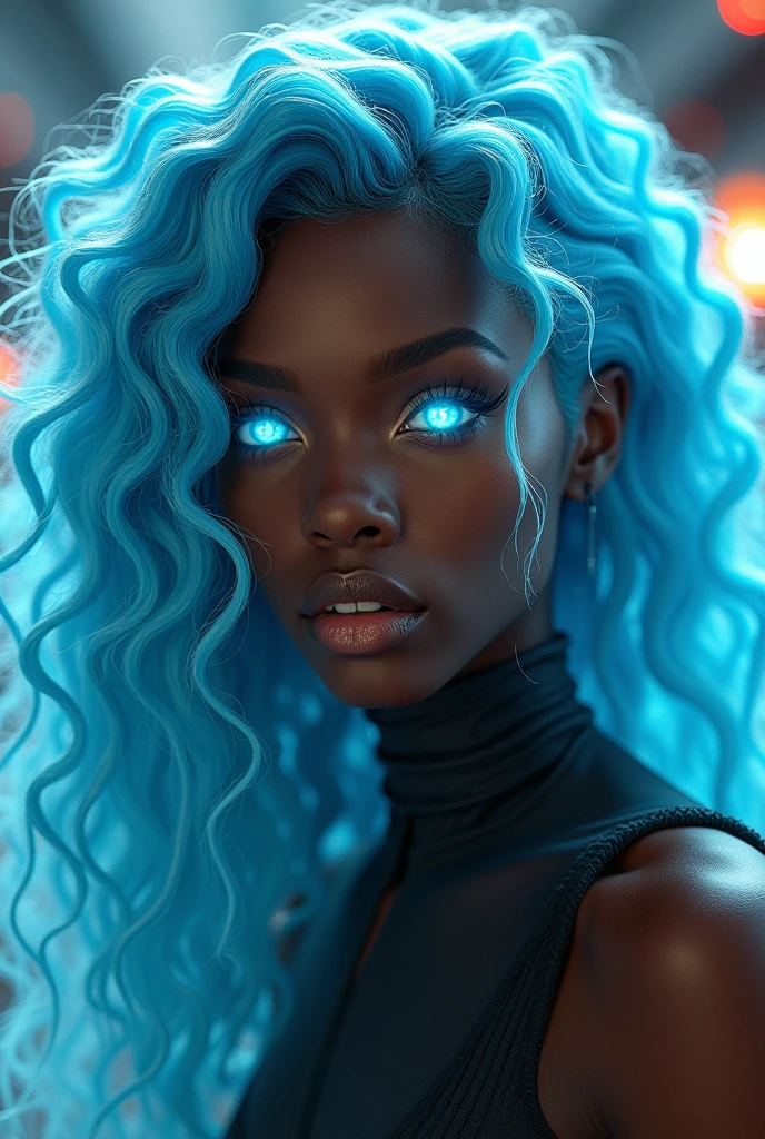 Black woman with long hair, Light blue curly hair, Her hair is very long. Her eyes are silver and shiny. She's wearing futuristic clothing、The setting is cyberpunk.