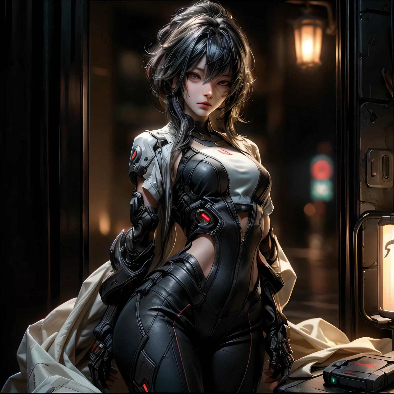 ((best quality)), ((Masterpiece)), (details:1.4), 3d, Image of a beautiful cyberpunk woman., HDR (high dynamic range), mature woman, Hips up, Curtain Bangs, Blone hair, white eyes, battle suit, Heavy Red armor, PBR surface, After processing, Anisotropic filtration,depth of field, Maximum clarity and clarity, multi-layered surface, perfect proportions, 8K raw files, cyberpunk, at night, ผมหลายชั้น, กระโปรงสั้น, natural lighting, soft lighting, sunlight, หน้าอกใหญ่,
