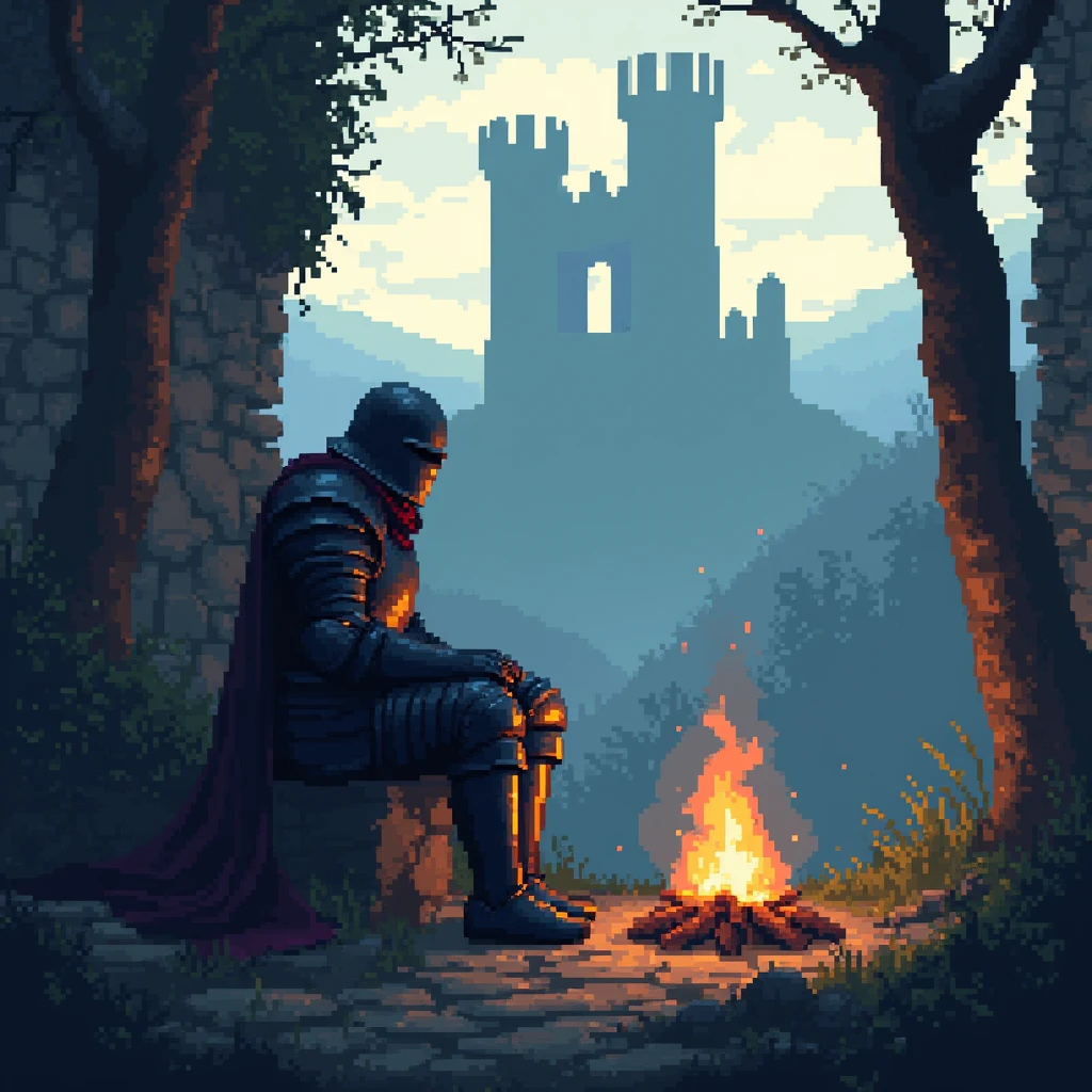 Very early in the morning near a ruined castle a knight in dark medium-heavy armor sits by a fire in pixel art