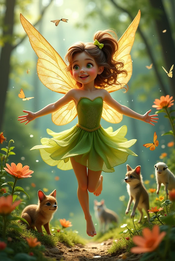 a fairy, full body portrait, happy and lively, surrounded by nature with many animals, wearing a green dress, jumping, brown hair, fair skin, green eyes, beautiful detailed eyes, beautiful detailed lips, extremely detailed face and features, 4k, 8k, highres, masterpiece, ultra-detailed, realistic, photorealistic, studio lighting, vivid colors, fantasy, nature, colorful, whimsical, vibrant