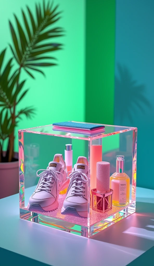Clear iridescent cube full of
colorful recognizable objects
such as Balenciaga sneakers
makeup. Studio
photography, e-comm, some
green accent color, 4k, solid
color background! table top
photography! realistic!