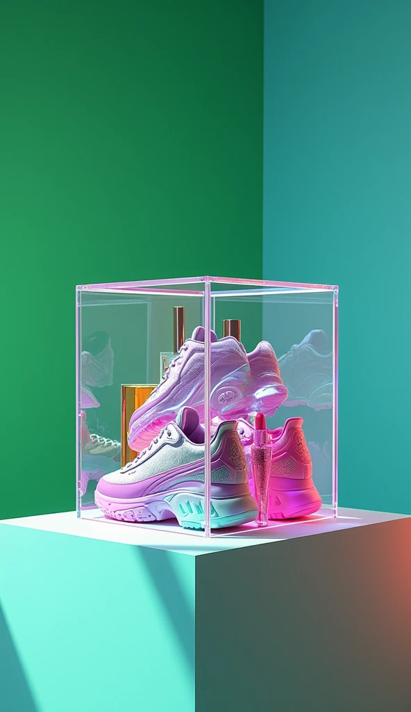 Clear iridescent cube full of
colorful recognizable objects
such as Balenciaga sneakers
makeup. Studio
photography, e-comm, some
green accent color, 4k, solid
color background! table top
photography! realistic!