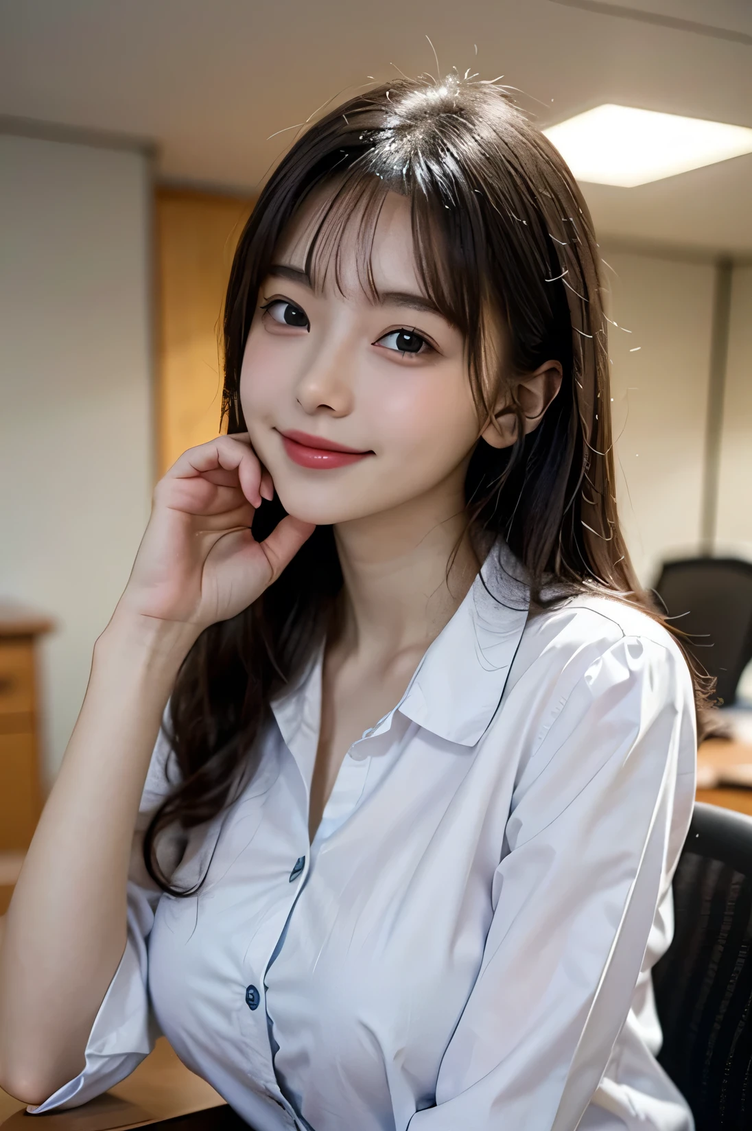 cowboy shot, masterpiece, top quality, high resolution, HDR, 8k, very beautiful Japanese girl in casual office shirt, black hair, bangs, ((big breasts)), concentrated face, smile, happy, random pose, perfect