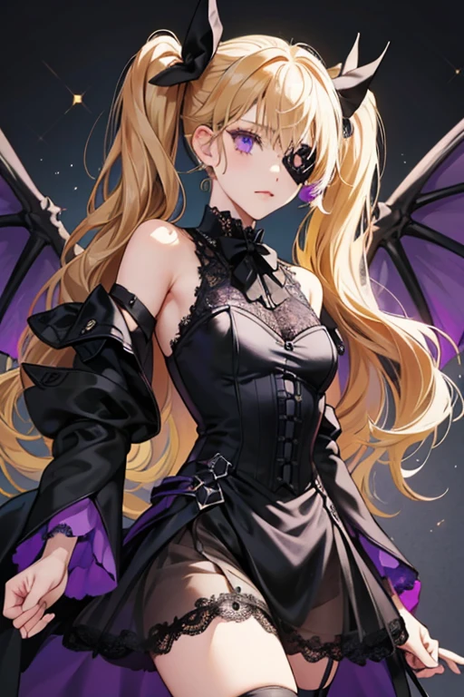 Fischl's blond hair are tied into side twin tails with black ribbons, the left of which is decorated with a bat wing pattern. The rest of Fischl's hair is left loose. Her eyepatch is black.
She wears a sleeveless black lace dress-like leotard with a black lace collar and purple bow tie, crosses stitched in, and black and violet tailcoats. Fischl's Vision is tied to the back of this dress with a bat wing-style purple ribbon. Her upper back has a black tattoo of wings; whether this is permanent or easily removable is unknown.
While wearing Dunkelnacht Sakrament, when Fischl's Elemental Burst is ready, the seven bronze-bordered purple gems on her default outfit will glow along with her Vision. One gem is on the back of her collar, one gem is in the middle of the bow at the front of her neck, two are hanging from her collar in front, one is on her leg garter, and two are at the front of her boots. SPARKLE; GLITTER