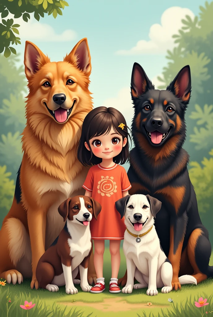 An illustration of a girl with four dogs, I will give you the order of the size of the dogs and their characteristics.
1 The first dog is the biggest and is a hairy honey color, Golden retriever breed 2 The second dog is a little smaller than the big one and is dark brown, German Shepherd 3 The third dog is dark brown, a stray dog 4 The fourth dog is the smallest, with Chinese fur is white with black spots