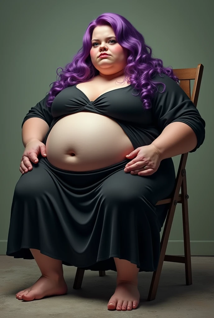 Extremely obese woman, wearing a loose black dress, fat blob, far rolls, immobilized by her weight, very long wavy purple hair, a big belly, massive double chin, saggy belly, gluttony, hanging belly, sitting on a folding chair 