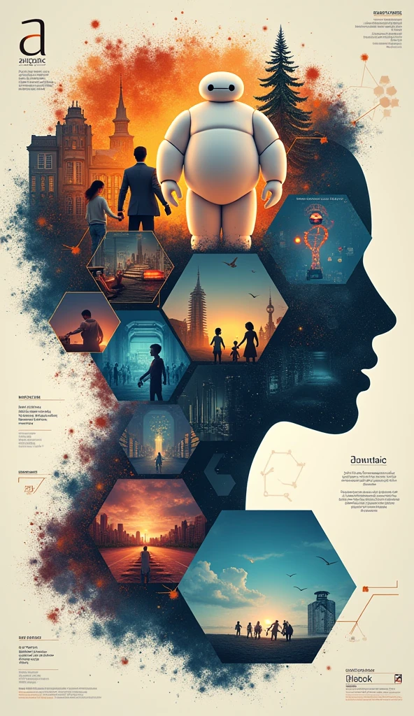 Create an poster in English, with the title 'AI in the sphere of family', filled with the posters of the movies big hero 6, sillu karappatti, next gen, I am mother, ex machina and the cover page of the books the perfect wife, machine hood, sleeping gaints, sea of rust, Klara and the sun, heart goes last; which can be aligned like a honey comb and also add these points 1. Enhancing communication. 2.supporting education 3.improving health and wellness 4.emergency assistance 5.managing finance for pros and for cons 1.communication breakdown 2.privacy and surveillance 3.shift in parental roles 4.impact on relationships 5.mental health challenges.