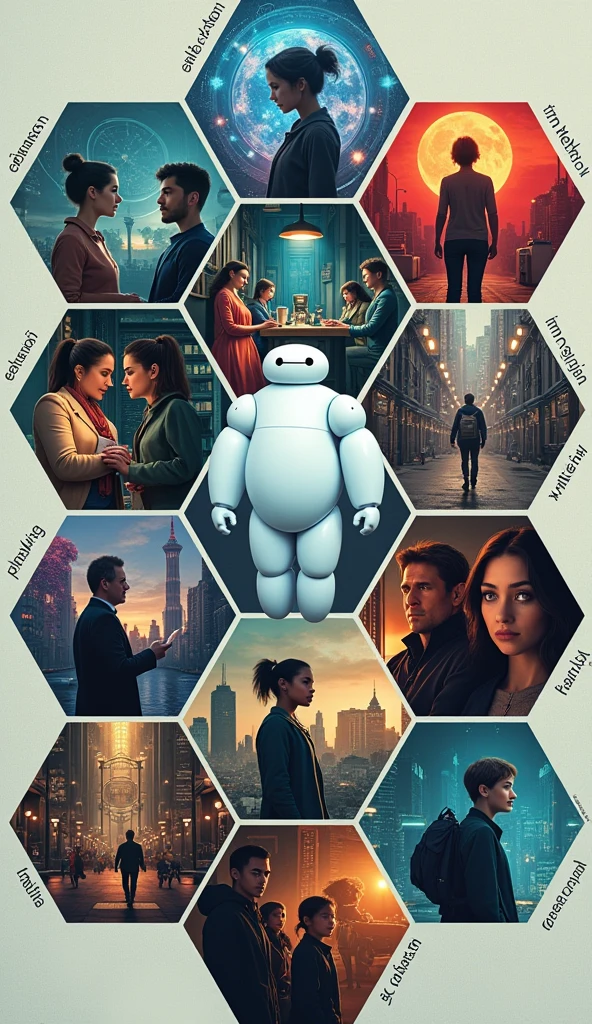 Create an poster in English, with the title 'AI in the sphere of family', filled with the posters of the movies big hero 6, sillu karappatti, next gen, I am mother, ex machina and the cover page of the books the perfect wife, machine hood, sleeping gaints, sea of rust, Klara and the sun, heart goes last; which can be aligned like a honey comb and also add these points 1. Enhancing communication. 2.supporting education 3.improving health and wellness 4.emergency assistance 5.managing finance for pros and for cons 1.communication breakdown 2.privacy and surveillance 3.shift in parental roles 4.impact on relationships 5.mental health challenges.