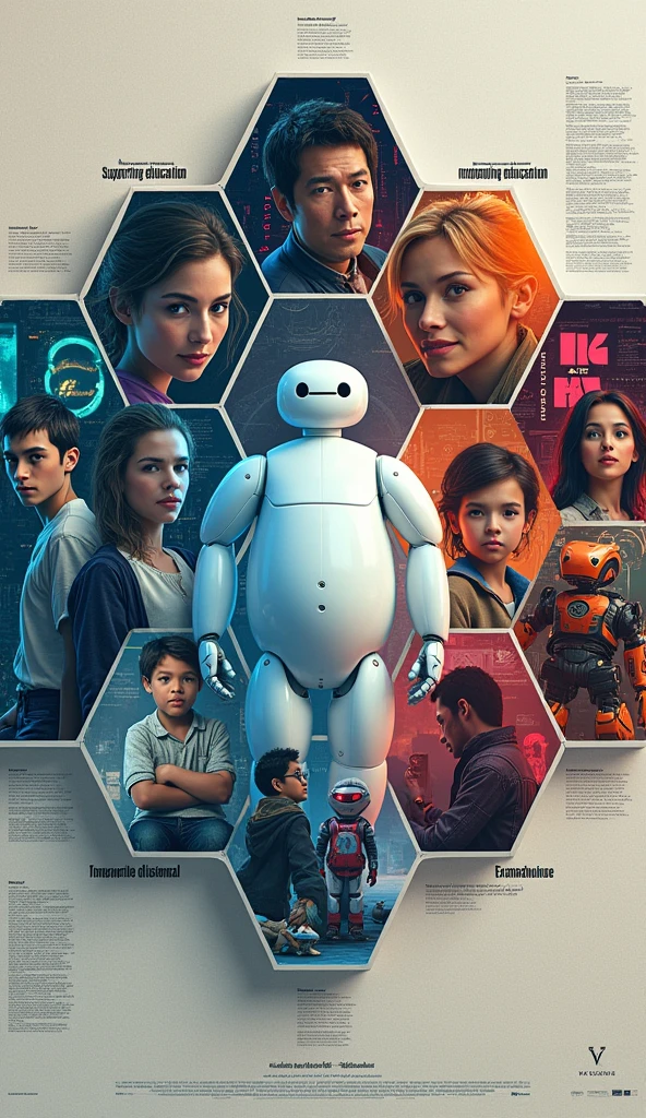 Create an poster in English, with the title 'AI in the sphere of family', filled with the posters of the movies big hero 6, sillu karappatti, next gen, I am mother, ex machina and the cover page of the books the perfect wife, machine hood, sleeping gaints, sea of rust, Klara and the sun, heart goes last; which can be aligned like a honey comb and also add these points 1. Enhancing communication. 2.supporting education 3.improving health and wellness 4.emergency assistance 5.managing finance for pros and for cons 1.communication breakdown 2.privacy and surveillance 3.shift in parental roles 4.impact on relationships 5.mental health challenges.