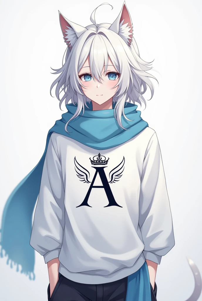 Make a male anime character with white hair blue eyes blue scarf white shirt cat ears with a letter A printed on the shirt with a crown on Sima of the letter A and wings on the side of the letter A 