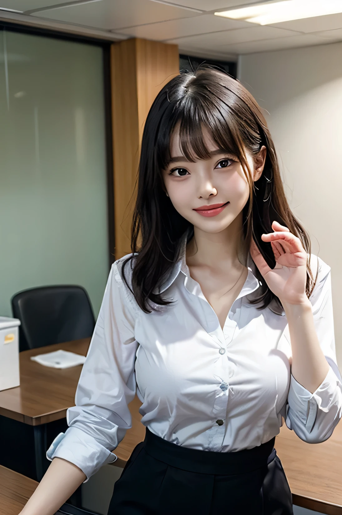 cowboy shot, masterpiece, top quality, high resolution, HDR, 8k, very beautiful Japanese girl in casual office shirt, black hair, bangs, ((big breasts)), concentrated face, smile, happy, random pose, perfect