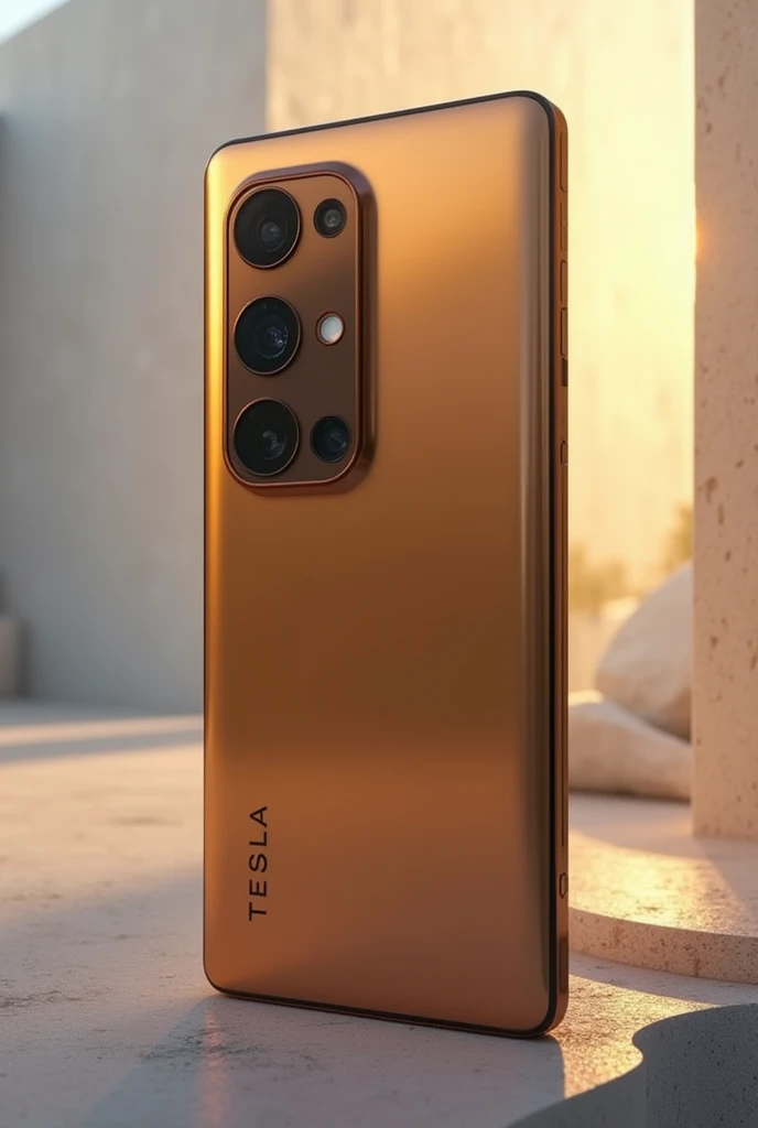 A cell phone with 5 cameras in deep gold color from Tesla brand