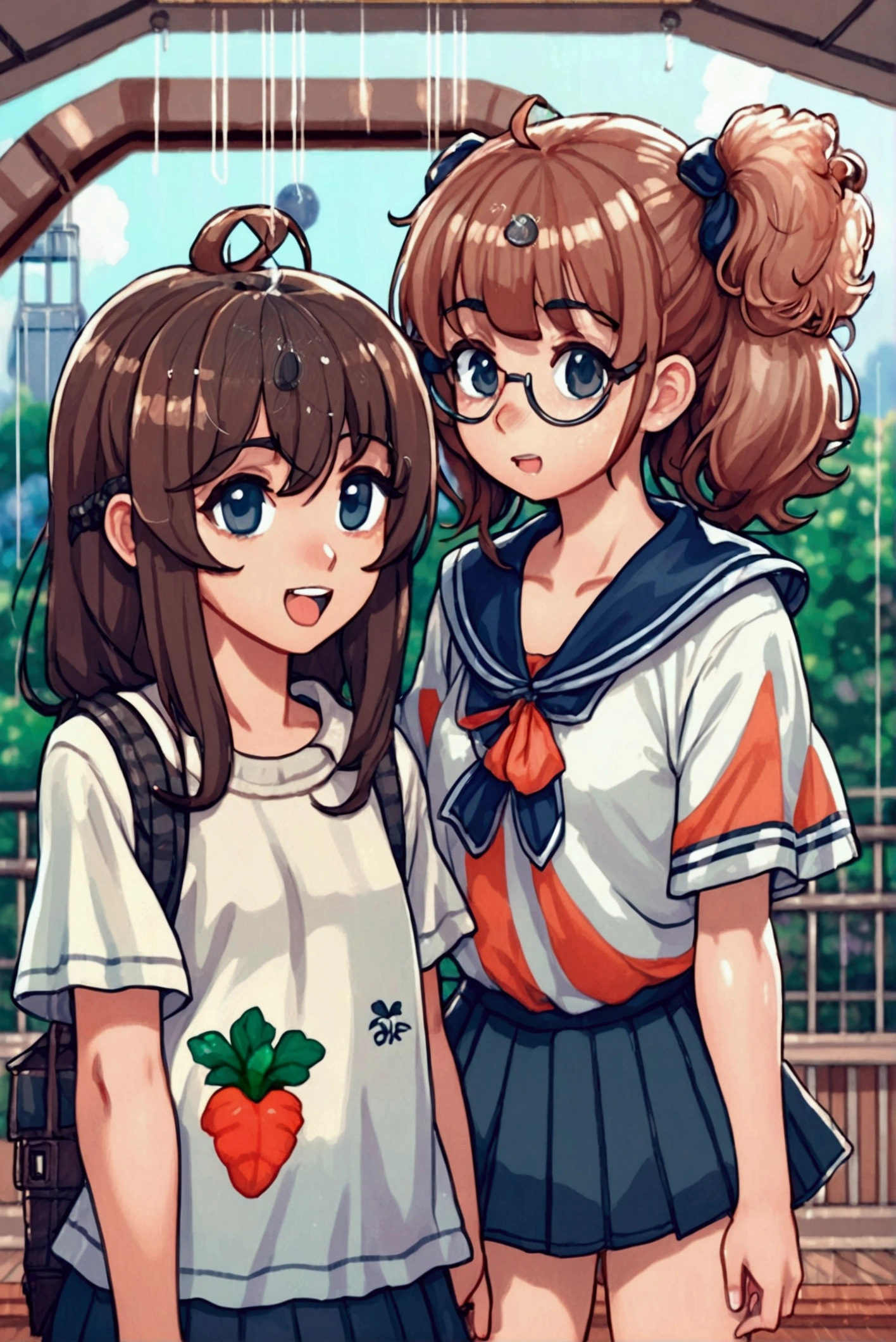 2 anime girls wearing clothes stand in the rain, Cute art style, Cute anime style, kawaii realistic portrait, Cute, fleet collection style, in anime style, anime art style, Two beautiful anime girls, in an anime style,anime style. 8k, Anime cute art style, Lofi Art, semirealistic anime style,Clothes get wet。transparent,holding hands,stare at each other,NSFW
