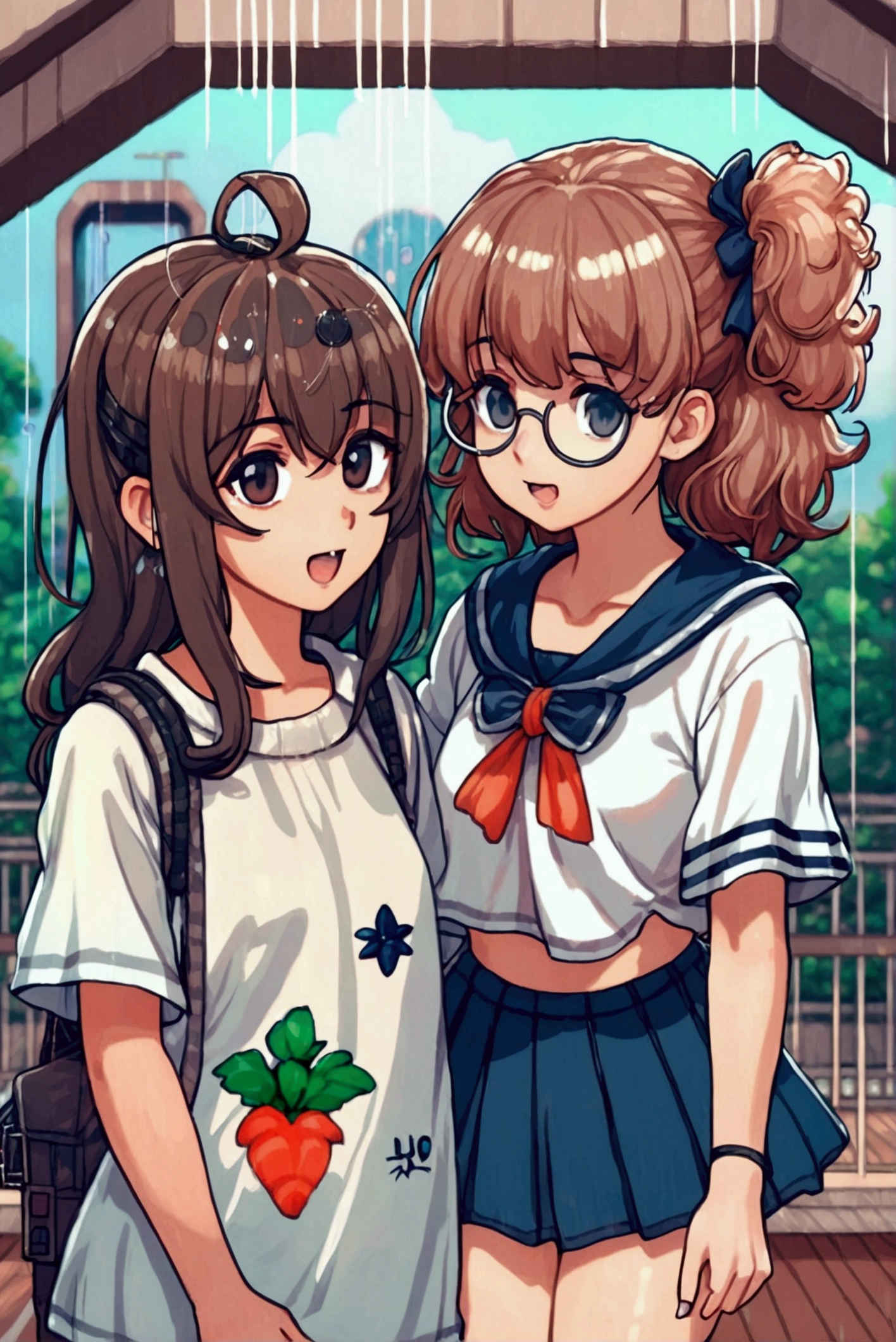 2 anime girls wearing clothes stand in the rain, Cute art style, Cute anime style, kawaii realistic portrait, Cute, fleet collection style, in anime style, anime art style, Two beautiful anime girls, in an anime style,anime style. 8k, Anime cute art style, Lofi Art, semirealistic anime style,Clothes get wet。transparent,holding hands,stare at each other,NSFW