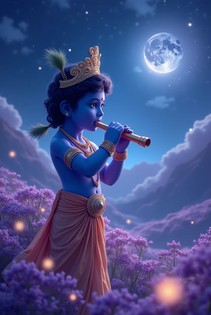 Imagine a serene scene where Lord Krishna is depicted playing his flute under a starlit sky filled with swirling shades of purple and blue. His skin glistens like a deep sapphire, and he is surrounded by gentle, luminescent orbs of light that float gracefully around him. The background features lush, mystical landscapes with soft hills and blooming flowers in various shades of violet and indigo, creating a tranquil atmosphere. Write a happy janmashtami message