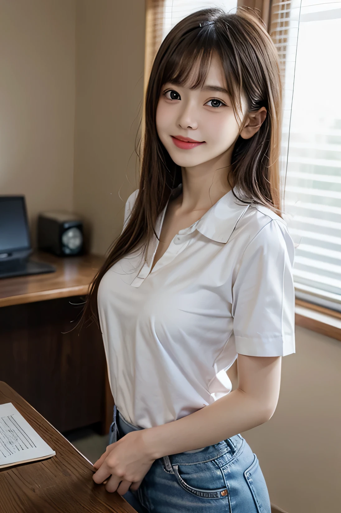 cowboy shot, masterpiece, top quality, high resolution, HDR, 8k, very beautiful Japanese girl in casual office shirt, erection of nipple, small nipples,black hair, bangs, ((big breasts)), concentrated face, smile, happy, random pose, perfect