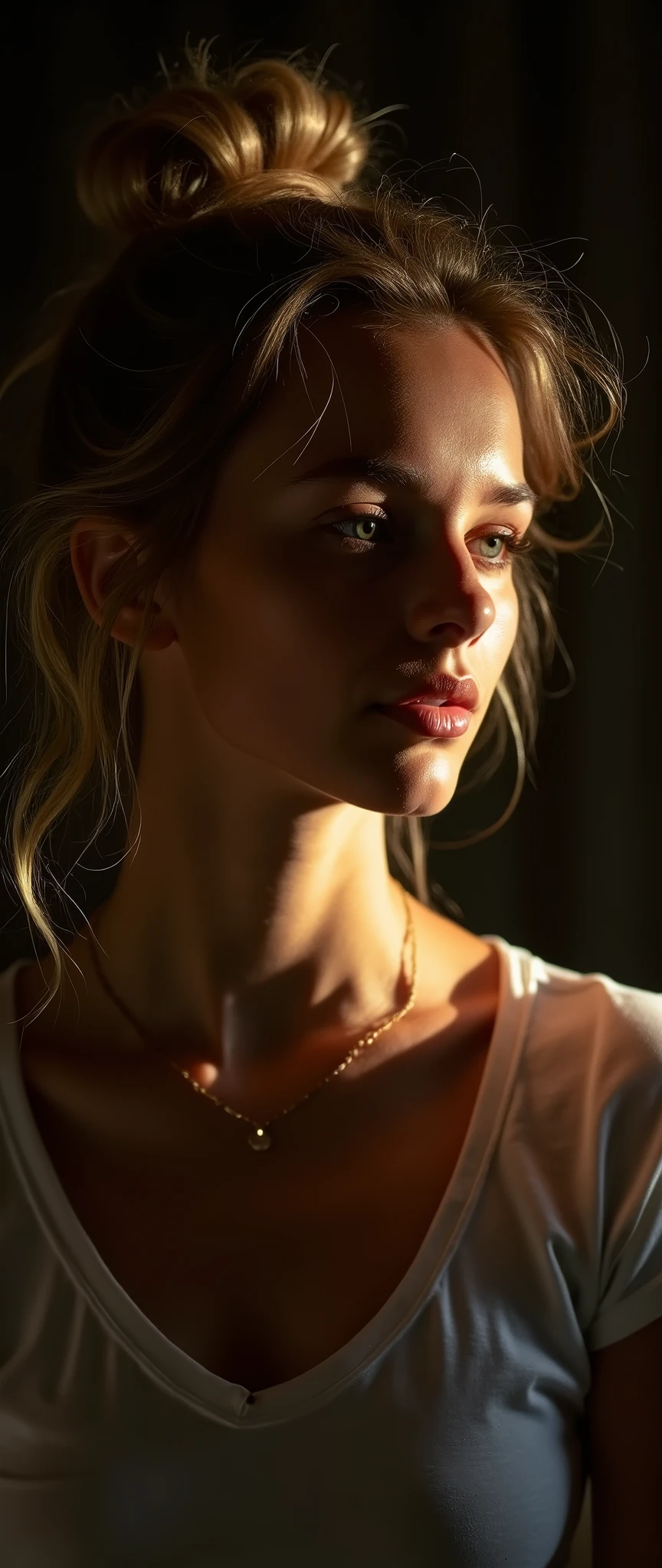 analog photo,silhouette,spotlight,close up portrait,
a beautiful cute  young Swiss woman,1,highly detailed face,blonde,messy bun,
seducing facial expression,wearing t-shirt,dark background,warm colors,
RAW candid cinema,16mm,color graded portra 400 film,remarkable color,ultra realistic,