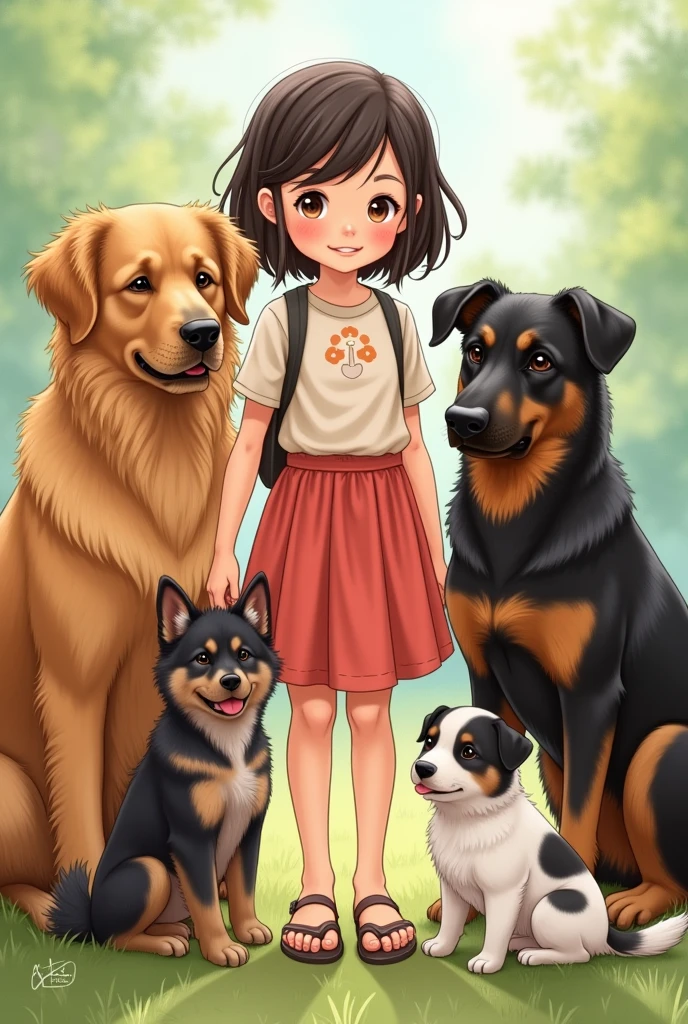 An illustration of a girl with four dogs, I will give you the order of the size of the dogs and their characteristics. 
1 The first dog is the biggest and is a hairy honey color, Golden retriever breed 2 The second dog is a little smaller than the big one and is dark brown, German Shepherd 3 The third dog is dark brown, a stray dog 4 The fourth dog is the smallest, with Chinese fur is white with black spots 

