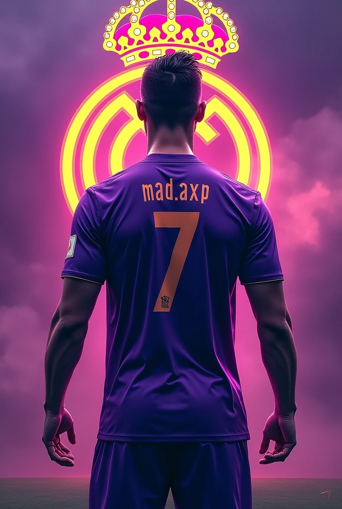 Make a ronaldo from a backside with 2016 real madrid purple jersey and shorts with the background of real madrid logo and write the name on his shirt (mad.axp) and shirt no 7 look the background gorgeous with real madrid logo