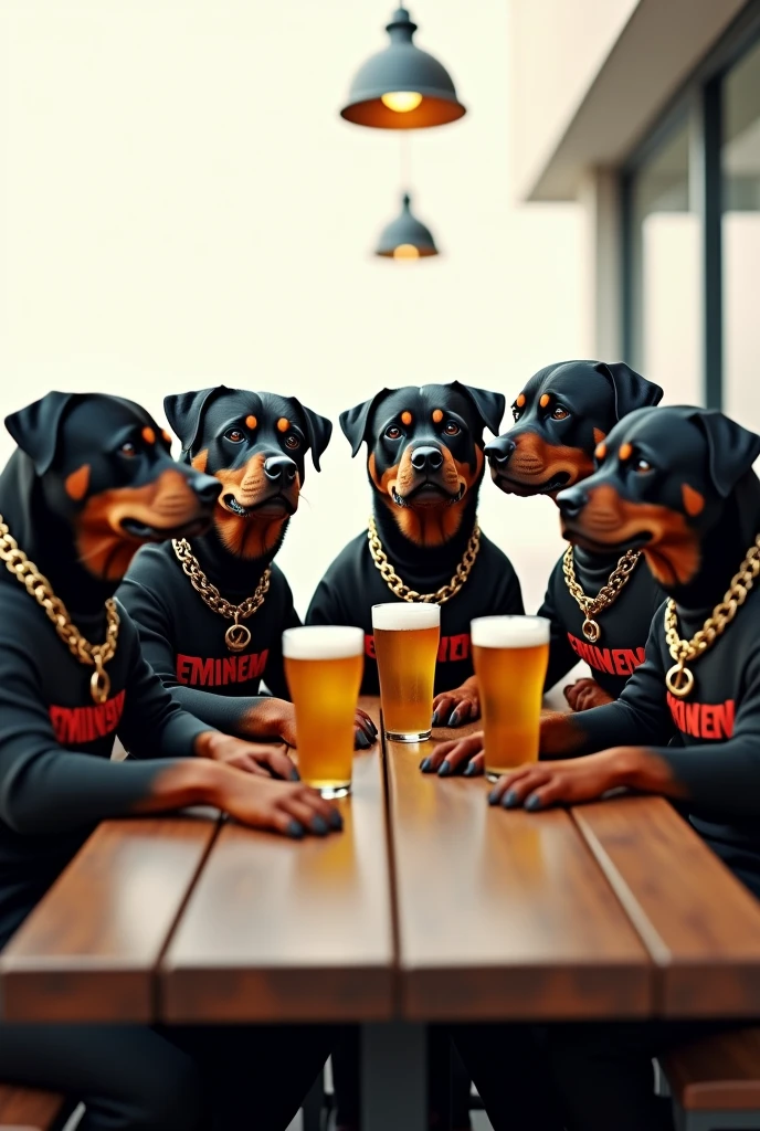 5 rotwillers enjoying beer in the cafe white background in cool look eminem tshirt golden chains