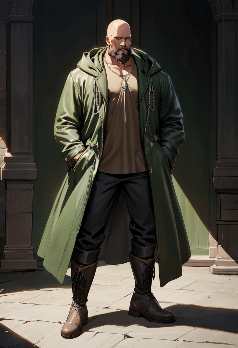 man, bald, dark brown beard, dark green long jacket, black pants, boots, no shirt, nothing underneath jacket, fingerless gloves, hooded, hood on, shadow coverings eyes, avarege build, hands in jacket pockets, neck silver chain, thick beard, leather long jacket,
