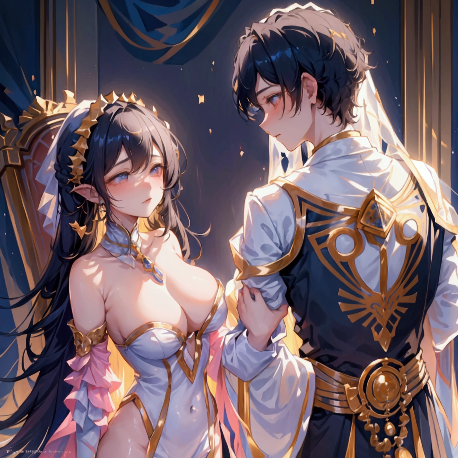 A young man and a young woman are in a grand and noble setting, with high ceilings adorned with constellations. The young woman has hair resembling crystal clear rivers and delicate, almost transparent skin. The young man, with black hair, stands close to her as she gently approaches him. The scene is filled with a sense of tenderness and emotion, set against the backdrop of a majestic and ethereal environment.