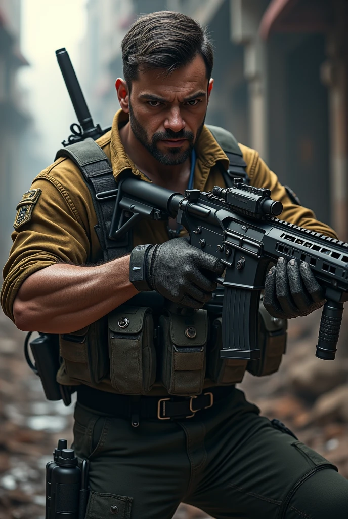 Create a luxury realistic gaming profile photo for PUBG mobile the character has an advanced gun 