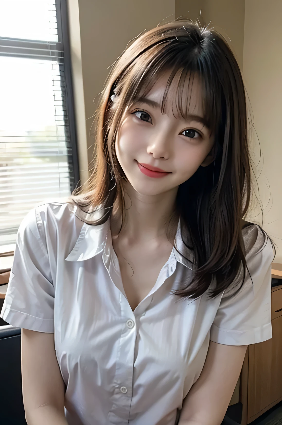 cowboy shot, masterpiece, top quality, high resolution, HDR, 8k, very beautiful Japanese girl in casual office shirt, erection of nipple, small nipples,black hair, bangs, ((big breasts)), concentrated face, smile, happy, random pose, perfect