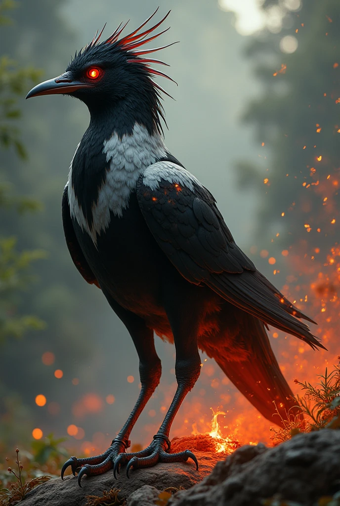 Colombian mythological bird ,black and white and reddish ,big sparrow type,with a long tail simulating having three feet ,fiery gaze and iron beak ,long claws ,style.of phoenix