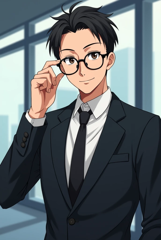 Man, black suit, glasses, background is company, businessman, kind face, skinny, anime style, holding glasses with index finger of left hand, Japanese, facing straight ahead, large