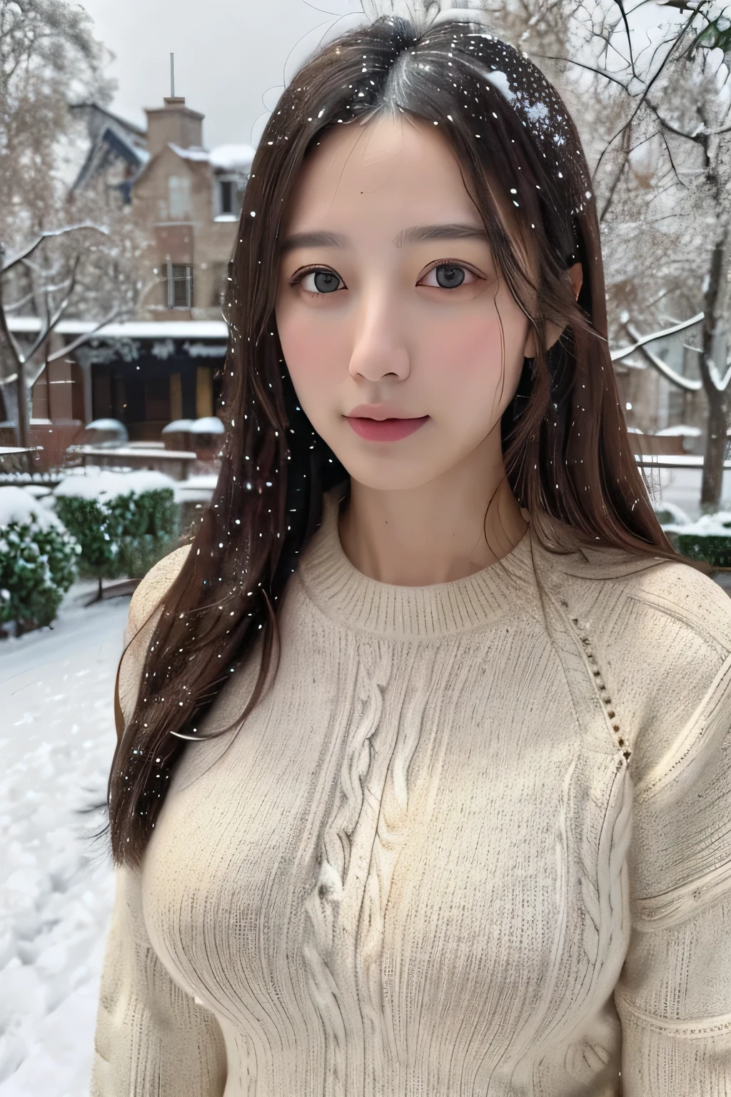 (masterpiece:1.35),(best-quality:1.4),8k,ultra-detailed,photography,(ultra-realistic:1.4), adult girl, long hair, sweater, snowing background, Large Breast, Slim Body,