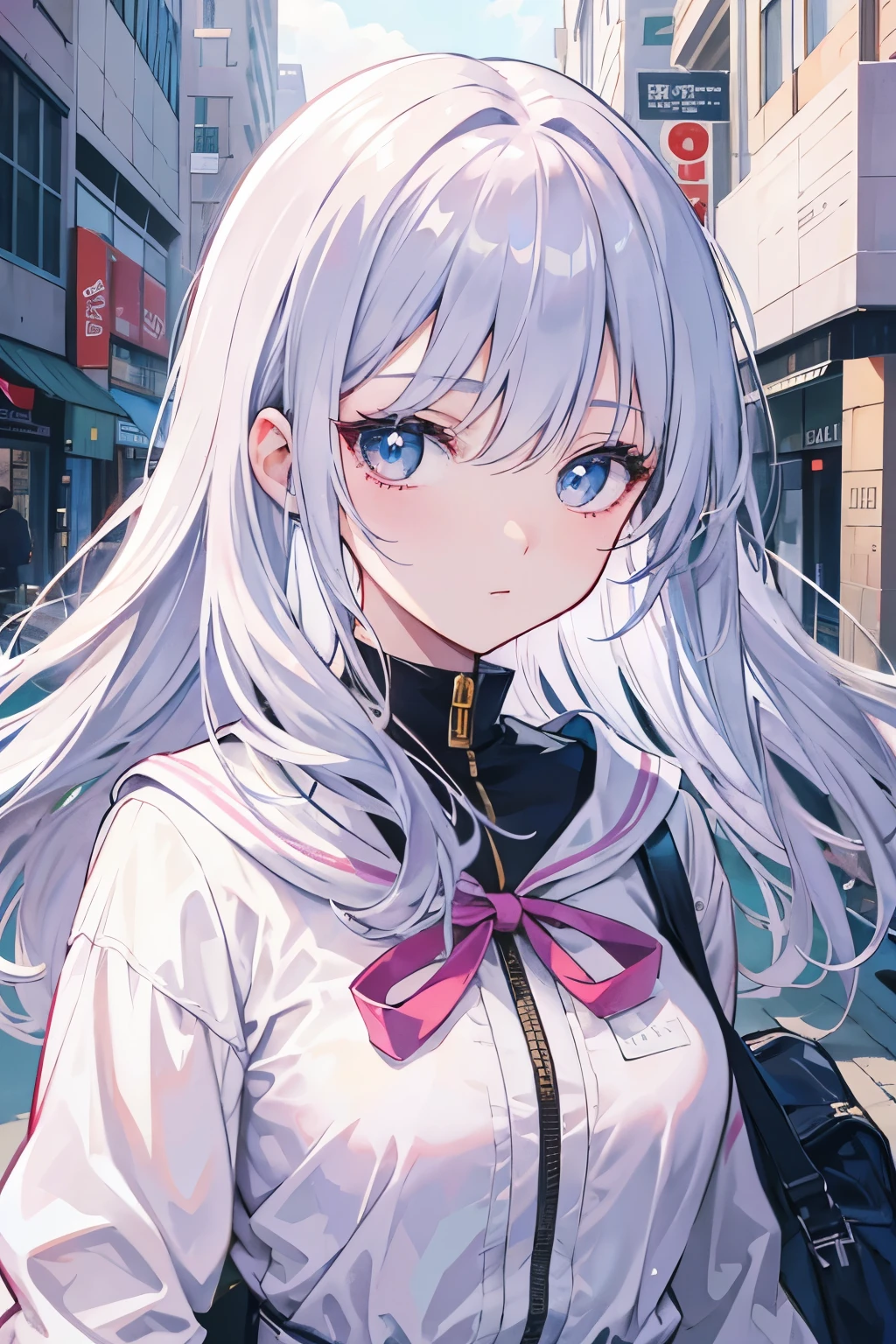 (best-quality:0.8),, (best-quality:0.8), perfect anime illustration, extreme closeup portrait of a pretty woman walking through the city