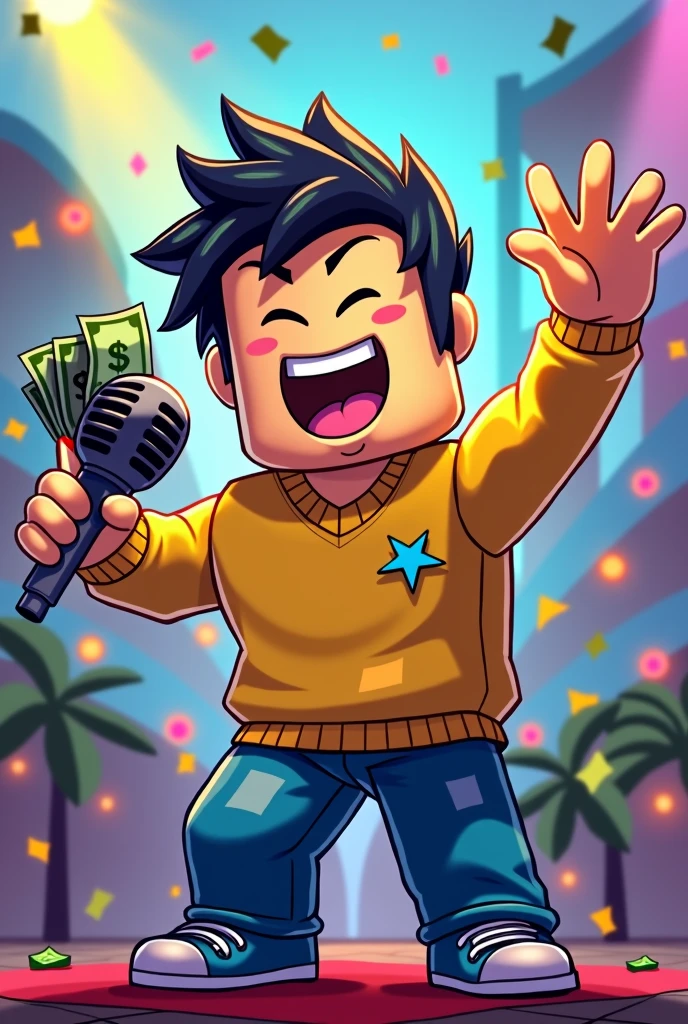 Make a roblox noob yellow with blue, holding a microphone in his hand, singing and with a wad of money in the other hand, All drawn in cartoon style and very colorful