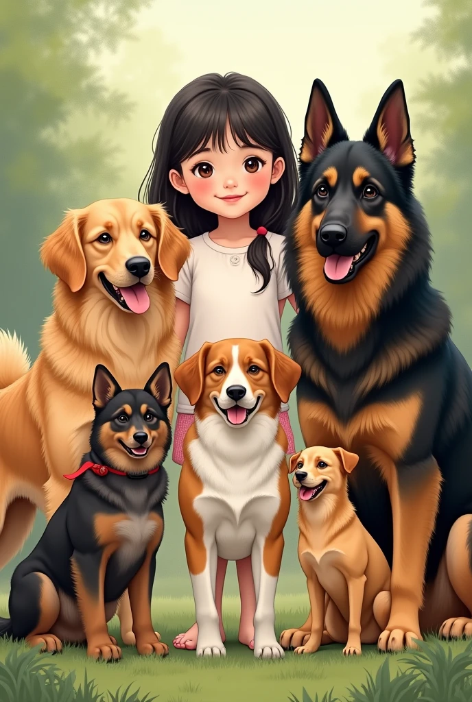 An illustration of a girl with four dogs, I will give you the order of the size of the dogs and their characteristics. 
1 The first dog is the biggest and is a hairy honey color, Golden retriever breed 2 The second dog is a little smaller than the big one and is dark brown, German Shepherd 3 The third dog is dark brown, a stray dog 4 The fourth dog is the smallest, with Chinese fur is white with black spots 

