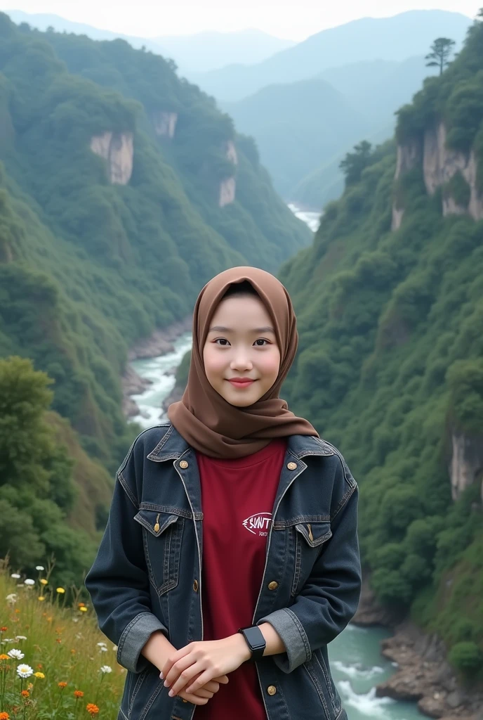 Beautiful Korean girl, smooth white skin, well-groomed face, thin smile, brown hijab, dark brown jeans jacket, red t-shirt, SANTI logo motif, brown cargo pants, cool black watch, posing, on a very high mountain peak, with a background seen from above is the river. flowing fast from the waterfall.. Trees, green and spacious rice fields, cliffs covered with moss and beautiful flowers, original photos,