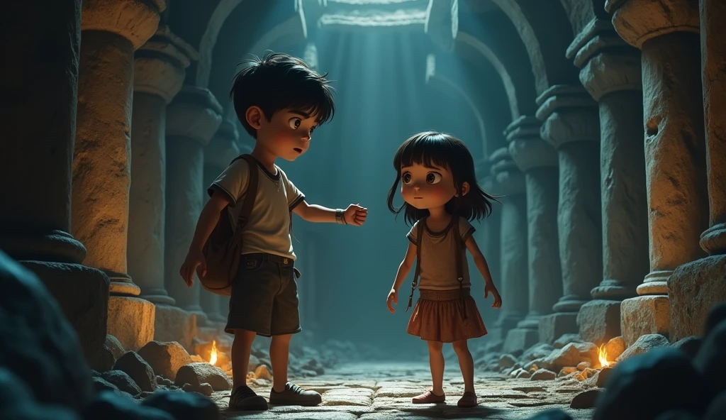 Boy warns girl to stay close, mentioning the temple is full of traps.